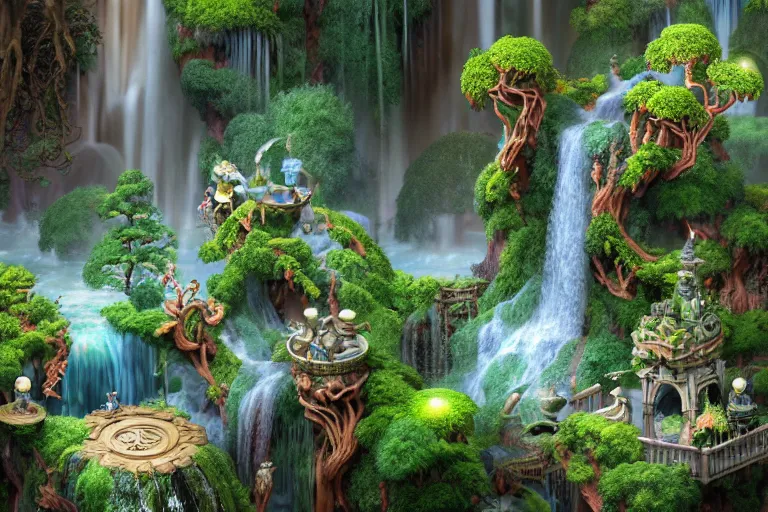 Image similar to isometric view of a fantastical garden with waterfalls and giant trees, by Andrei Riabovitchev, Shaun Tan, Peter Mohrbacher and Takayuki Takeya, ancient ornate intricate, cinematic, realistic, intricate detail, finely detailed, small details, extra detail, photorealistic, high resolution, 3D, PBR, path tracing, volumetric lighting, octane render, arnold render, 8k