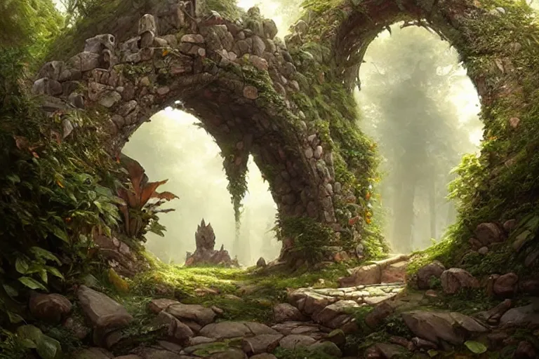 Prompt: big arch made of stones in a forest, d & d, fantasy, intricate, elegant, highly detailed, digital painting, artstation, concept art, matte, sharp focus, illustration, hearthstone, art by artgerm and greg rutkowski and alphonse mucha