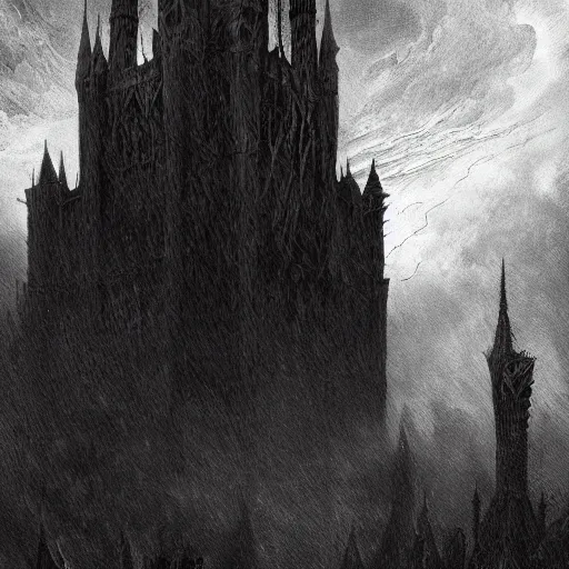 Image similar to an ultra detailed black and white tarot card of a lonely and impossibly tall ominous gothic dark citadel tower of the evil patriarch, in the style of magic the gathering, in a river elevated high above the city, gaslight fantasy capital city, ultrawide lense, aerial photography, scary thunderstorm, exquisite detail, 8 k, art by greg rutkowski and alphonse mucha