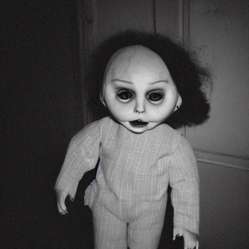 Image similar to a creepy doll with an unnatural smile from a horror movie, it is deformed and is staring at the camera from the end of a dark liminal hallway. caught on vhs, film grain, flashlight lighting,