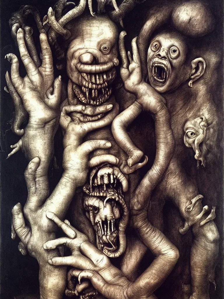 Image similar to a boy like eraserhead and elephant man with his hand, looking straight into camera, screaming in desperation, by giuseppe arcimboldo and ambrosius benson, renaissance, fruit, intricate and intense oil paint, a touch of beksinski and hr giger and edward munch, realistic, rules of composition, headspace