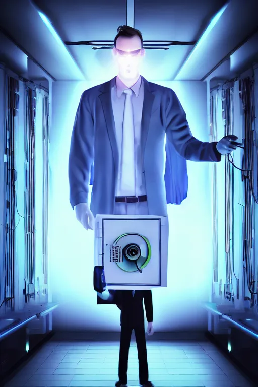 Prompt: futuristic scientist is holding a folder, he is in shock, dark building of server room, neon light, the folder glows and lights up his face, professional lighting, 3 d digital modeling, movie scene, concept art, detailed art,