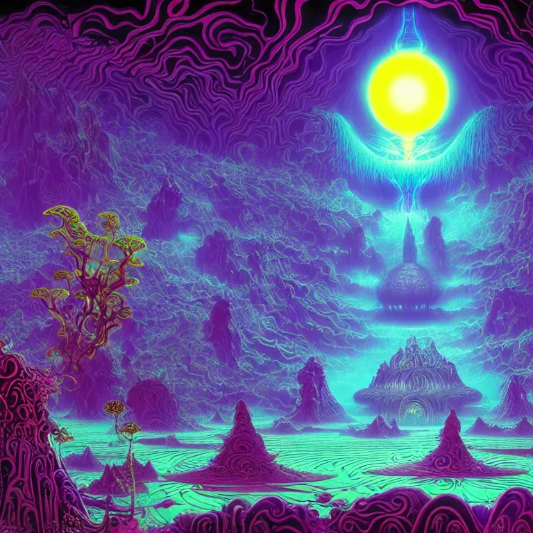 Image similar to mysterious eyeball hovers over mythical crystal temple, fractal waves, synthwave, bright neon colors, highly detailed, cinematic, eyvind earle, tim white, philippe druillet, roger dean, ernst haeckel, lisa frank, aubrey beardsley