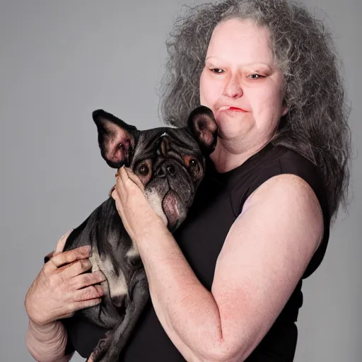 Prompt: worlds ugliest women with her ugly dog, studio photography