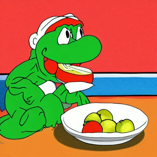 Prompt: cartoon of yoshi eating a pile of apples