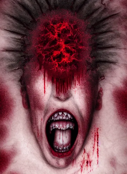 Image similar to dramatic dark red matte portrait painting of screaming insane woman with black mandelbrot fractal instead of face, horror, body horror, dark art, 4 k, detailed, realistic, psychotic, insane, crazy, mental illness, dramatic,