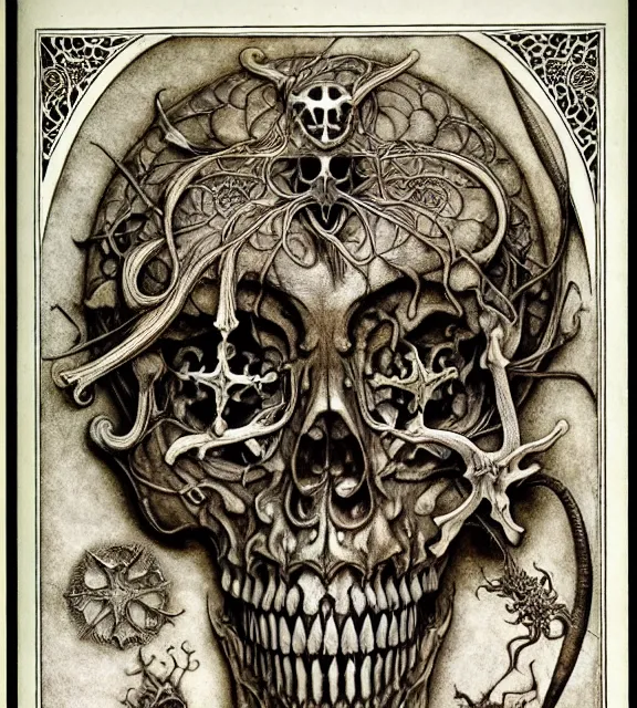 Image similar to memento mori by arthur rackham, art forms of nature by ernst haeckel, exquisitely detailed, art nouveau, gothic, ornately carved beautiful skull dominant, intricately carved antique bone, art nouveau botanicals, ornamental bone carvings, art forms of nature by ernst haeckel, horizontal symmetry, arthur rackham, ernst haeckel, symbolist, visionary