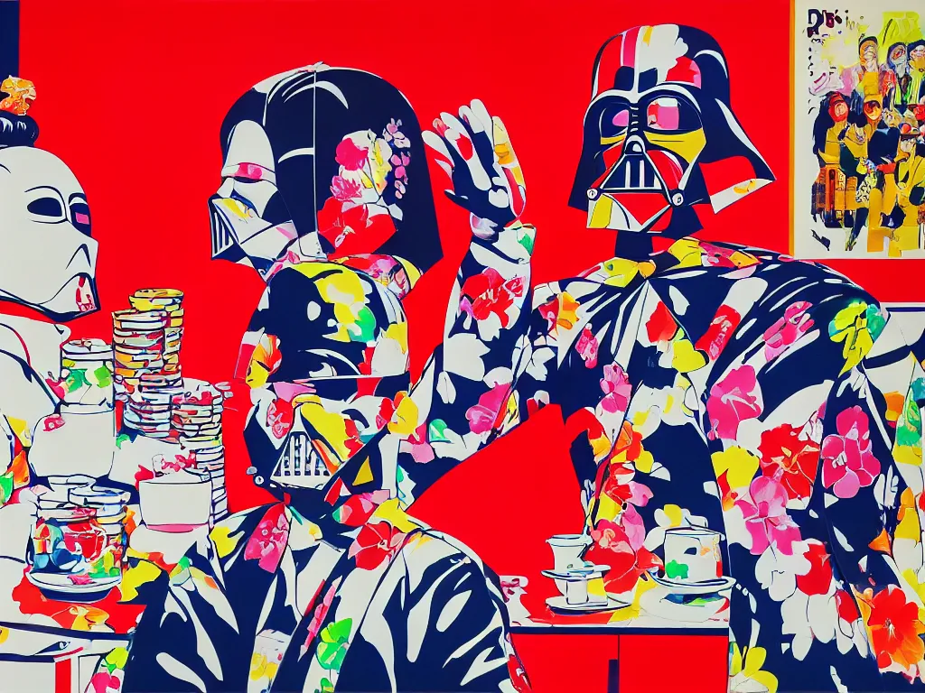 Image similar to hyperrealistic composition, in the middle a woman in a japanese kimono, behind her stands darth vader, in front of her a table from the casino, in the background is mount fuji and fireworks, pop - art style, jacky tsai style, andy warhol style, acrylic on canvas