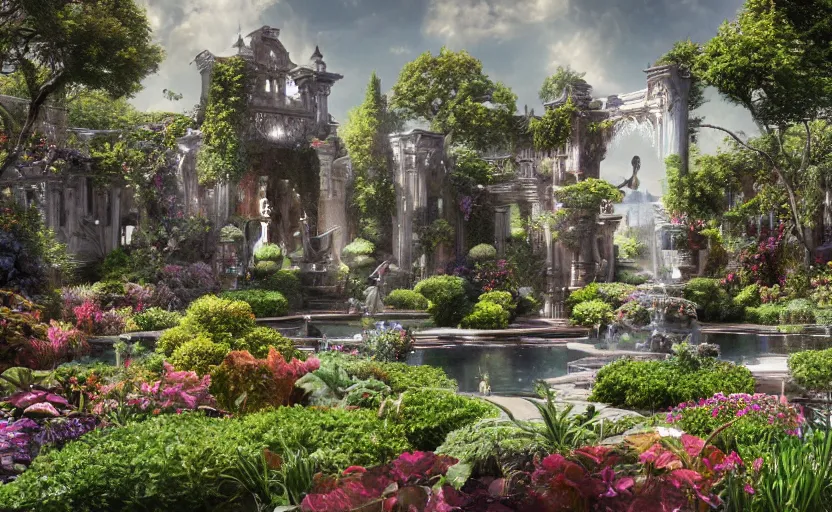 Prompt: A beautiful garden, next to a fountain and a mystical palace, hyperrealistic mixed media, stunning 3d render inspired art by P. Craig Russell and Barry Windsor-Smith + perfect facial symmetry + dim volumetric lighting, 8k octane beautifully detailed render, post-processing, extremely hyperdetailed, intricate futuristic mechanic parts, epic composition, grim yet sparkling atmosphere, cinematic lighting + masterpiece, trending on artstation