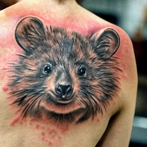 Image similar to a realistic tattoo of a quokka riding a bicycle