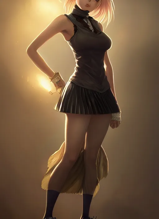 Image similar to portrait of a full body of beautiful young female detective, d & d, sleeveless turtleneck, pleated skirt, fantasy, flat lighting, intricate, highly detailed, digital painting, artstation, concept art, smooth, sharp focus, illustration, misa amane, art by simon bisley and greg rutkowski and alphonse mucha, natural tpose