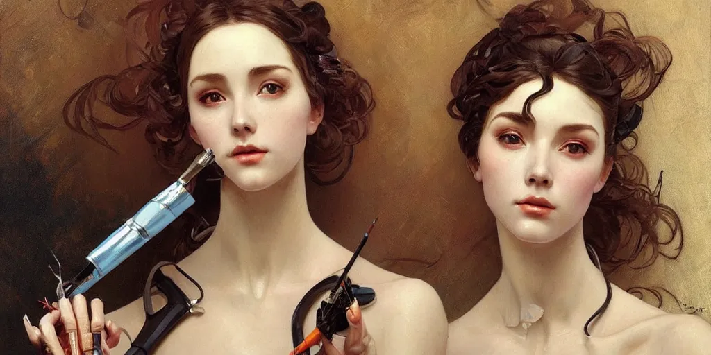 Image similar to female robot holding paintbrush, incredibly detailed face, pretty face, true anatomy, art by artgerm and greg rutkowski and alphonse mucha