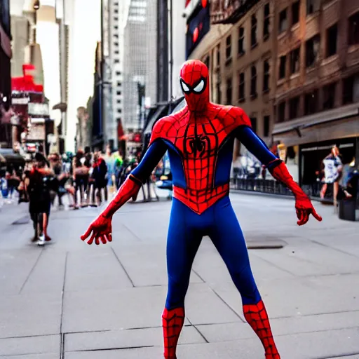 Prompt: photo of Superior Spider-Man swinging through the streets of midtown Manhattan on a bright September evening