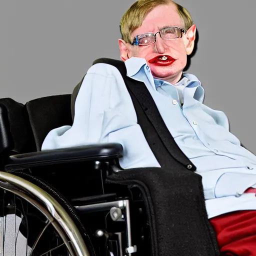 Prompt: Stephen Hawking with a gold wheelchair, flashy photography,