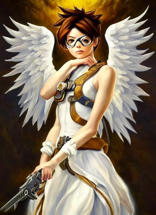 Prompt: full body oil painting of tracer overwatch in the style of sophie anderson, angel wings, white dress, dramatic painting, symmetrical composition, ornate, high detail, gold detailed collar, blooming, lights, flowers,