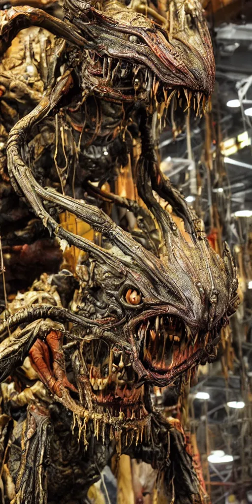 Image similar to photo taken of an epic intricate, ultra detailed, super realistic gritty, hero prop, exquisitely painted animatronic movie prop of a grotesque nightmarish hellish alien creature displayed in the workshop, created by weta workshop, full body shot, photorealistic, sharp focus