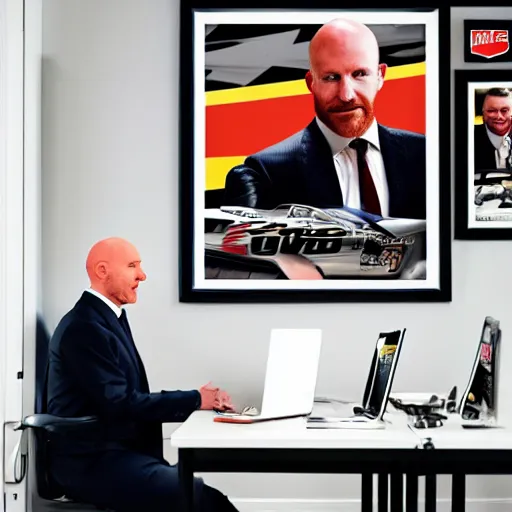 Prompt: cinematic shot of a bald white guy wearing a suit sitting in an office with NASCAR posters portraying Dale Earnhardt Jr covering the walls of the room, 8k, very intricate, very detailed,