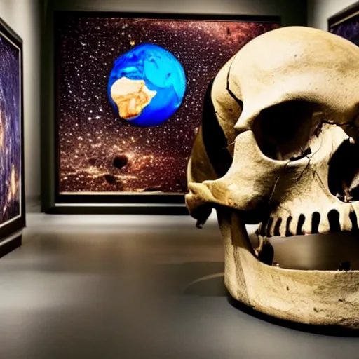 Prompt: A human skull in a museum exhibit with a picture of planet Earth next to it, alien language, science fiction