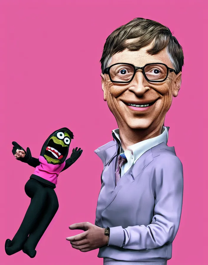 Prompt: candid 90s photoshoot of bill gates evil sock puppet wearing a pink sweater, dynamic lighting, photorealistic, stunning visuals, creative, cinematic, ultra detailed, trending on art station