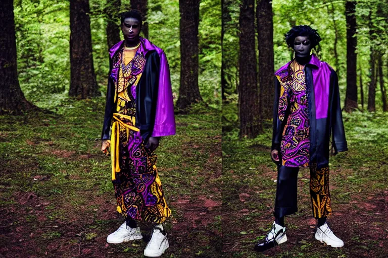 Prompt: versace avant garde male toga intricate textiles streetwear cyberpunk african american black skin in the woods overcast late evening dramatic 3 5 mm professional color