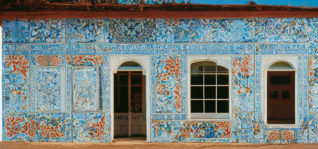 Image similar to exterior of mission revival house with portuguese tiles. monterey, ca. fujinon premista. portra 8 0 0.