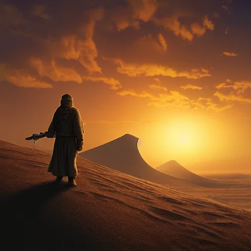 Prompt: a lone tusken raider watching the sunset, by Evgeny Lushpin, luminous lighting, cinematic