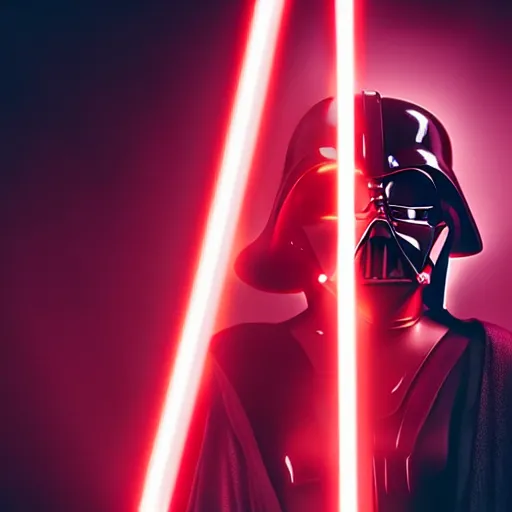 Image similar to Ariana Grande as Darth Vader, studio lighting, cinematic, red lightsaber, glowing, cute