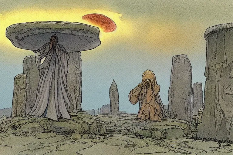 Image similar to a realistic and atmospheric watercolour fantasy concept art of a ufo landing in a floating stonehenge. one dirty medieval monk in grey robes is on his knees praying to the ufo. muted colors. by rebecca guay, michael kaluta, charles vess and jean moebius giraud