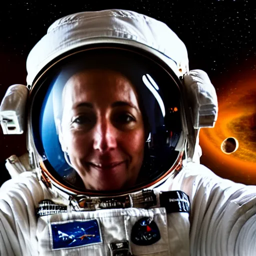 Prompt: astronaut takes a wide lense selfie inside a black hole, high resolution 8k quality