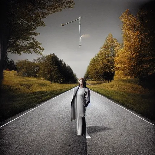 Prompt: a woman standing in the middle of a road, an album cover by Gregory Crewdson and Yoann Lossel, trending on deviantart, environmental art, creative commons attribution, photo, demonic photograph