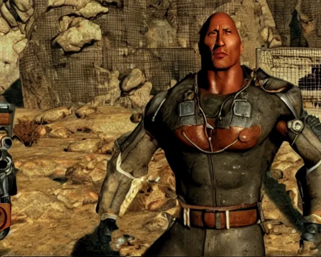 Image similar to Speaking with Fallout talking head of Dwayne Johnson, screenshot from Fallout (1997)