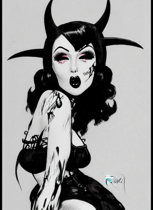 Image similar to of a goth girl burlesque psychobilly punk, detailed face, white background, drawing, zoomed - out, full body, illustration by frank frazetta