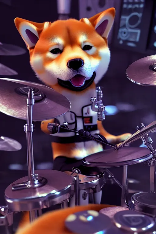 Image similar to high quality 3 d render very cute cyborg shiba inu plays drums!, cyberpunk highly detailed, unreal engine cinematic smooth, in the style of blade runner & pixar, hannah yata charlie immer, moody light, low angle, uhd 8 k, sharp focus