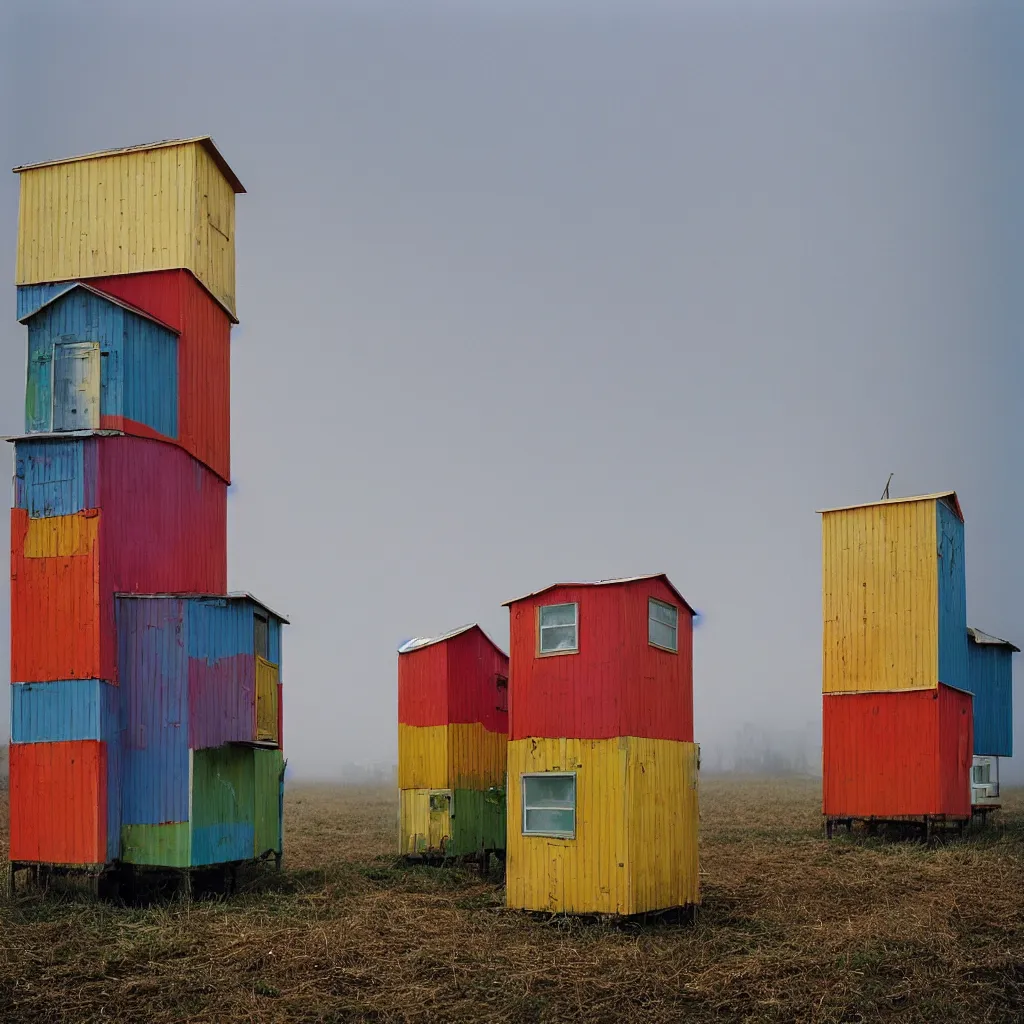 Image similar to two towers, made up of colourful stacked makeshift squatter shacks, bleached colours, plain uniform sky at the back, misty, mamiya, f 1. 8, ultra sharp, very detailed, photographed by julie blackmon