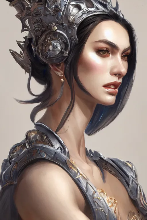 Image similar to three-quarters portrait pose of a beautiful woman, slim body, shining armor, human warrior, fantasy, intricate, elegant, highly detailed, digital painting, artstation, concept art, matte, sharp focus,D&D, illustration, art by Stanley Lau