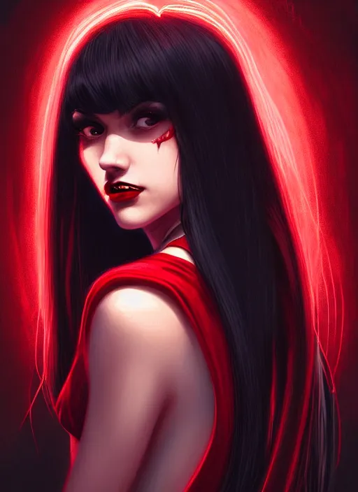 Image similar to portrait of vampire veronica lodge with bangs, vampire, long hair, red clothes, bangs, intricate, elegant, glowing lights, highly detailed, digital painting, artstation, concept art, smooth, sharp focus, illustration, art by wlop, mars ravelo and greg rutkowski