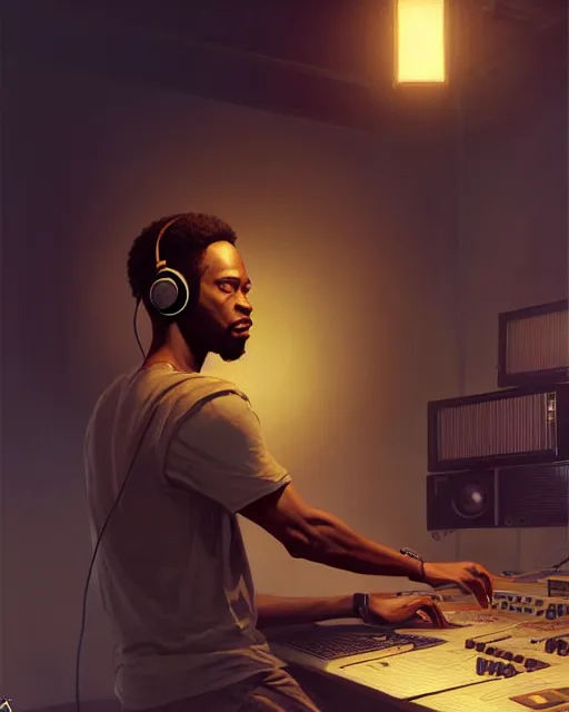 Image similar to light skin black man with headphones at his home studio producing music late at night, very detailed, 4 k, concept art like ernest khalimov, intricate details, highly detailed by greg rutkowski, ilya kuvshinov, gaston bussiere, craig mullins, simon bisley