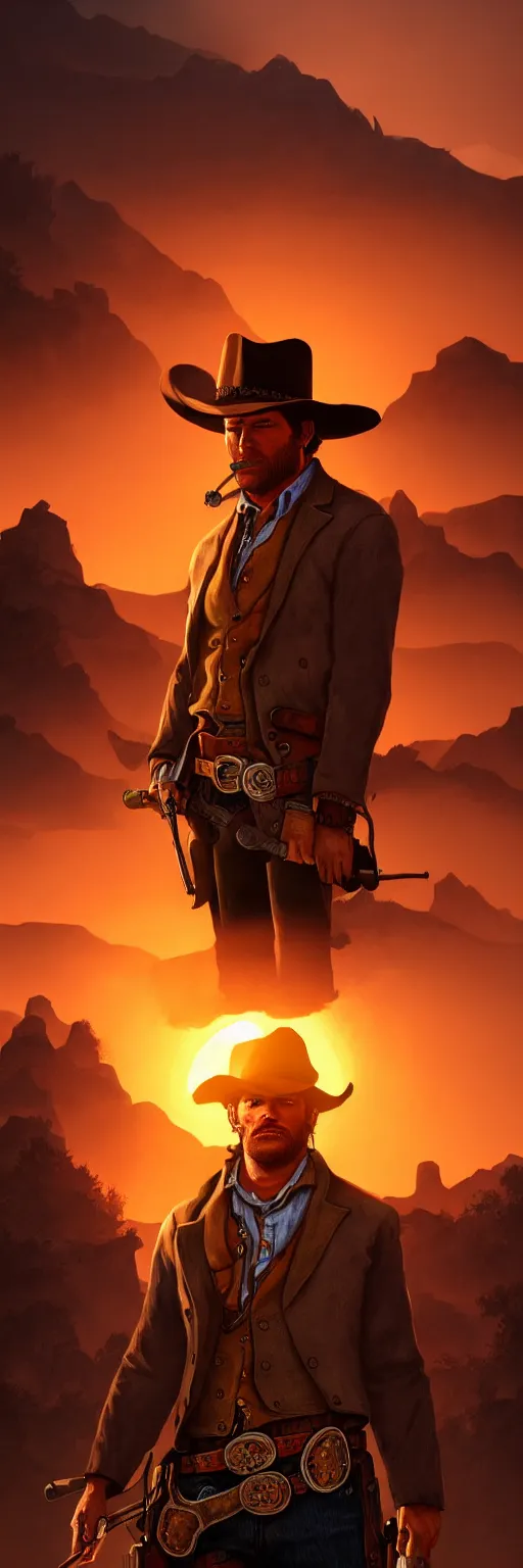 prompthunt: Arthur Morgan smoking a cigar, wild west background, sunset.  digital art. amazing quality. perfect lighting. Professional design. Great  composition. Mind blowing detail. award winning art. impressive colors.  trending on artstation., arthur