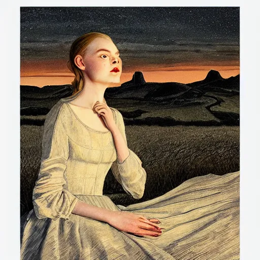 Image similar to Elle Fanning in the painted world of Portrait of a Lady on Fire, head and shoulders masterpiece, apocalypse, golden hour, cosmic horror, artstation, in the style of Andrew Wyeth and Edward Hopper and Bosch, extremely detailed