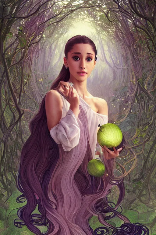 Image similar to beautiful cottagecore Ariana Grande holding a Black Onion, psychedelic Hair, magical forest, intricate, elegant, highly detailed, digital painting, artstation, concept art, smooth, sharp, focus, illustration, art by artgerm and greg rutkowski and alphonse mucha