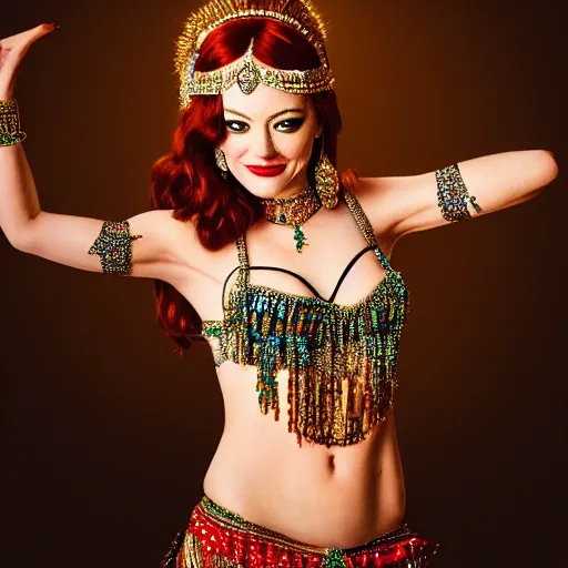 Prompt: a portrait of emma stone dressed as a belly dancer, arabian night, high quality, fully detailed, 4 k, in focus face with fine details, realistic hand details and anatomy