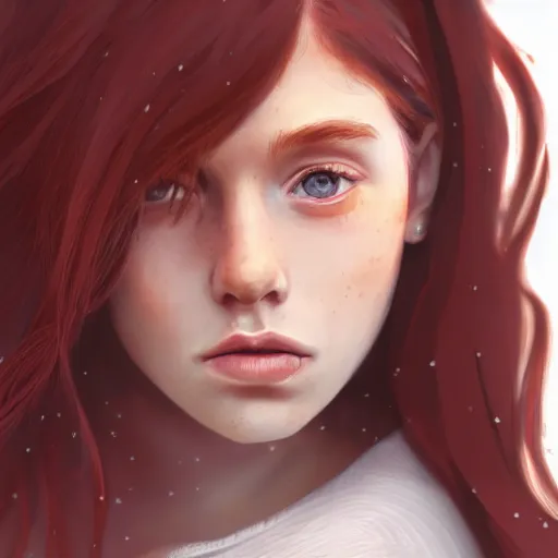Prompt: portrait of a teen girl with freckles with long red hair and bright brown eyes, 8 k, highly detailed, digital painting, artstation, sharp focus, illustration