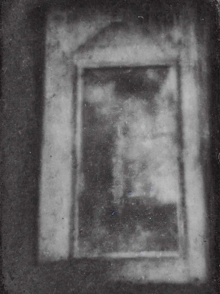 Image similar to a tintype photograph. the face of a ghost in the window of a house, next to the front door