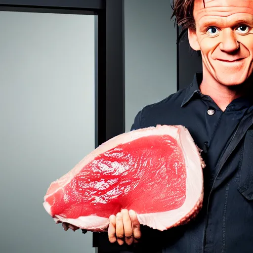 Image similar to photo of gordan ramsay holding a raw porkchop in his hand on set, highly detailed, extremely high quality, hd, 4 k, 8 k, professional photographer, 4 0 mp, lifelike, top - rated, award winning, cinematic, realistic, detailed lighting, detailed shadows, sharp, no blur, edited, corrected, trending