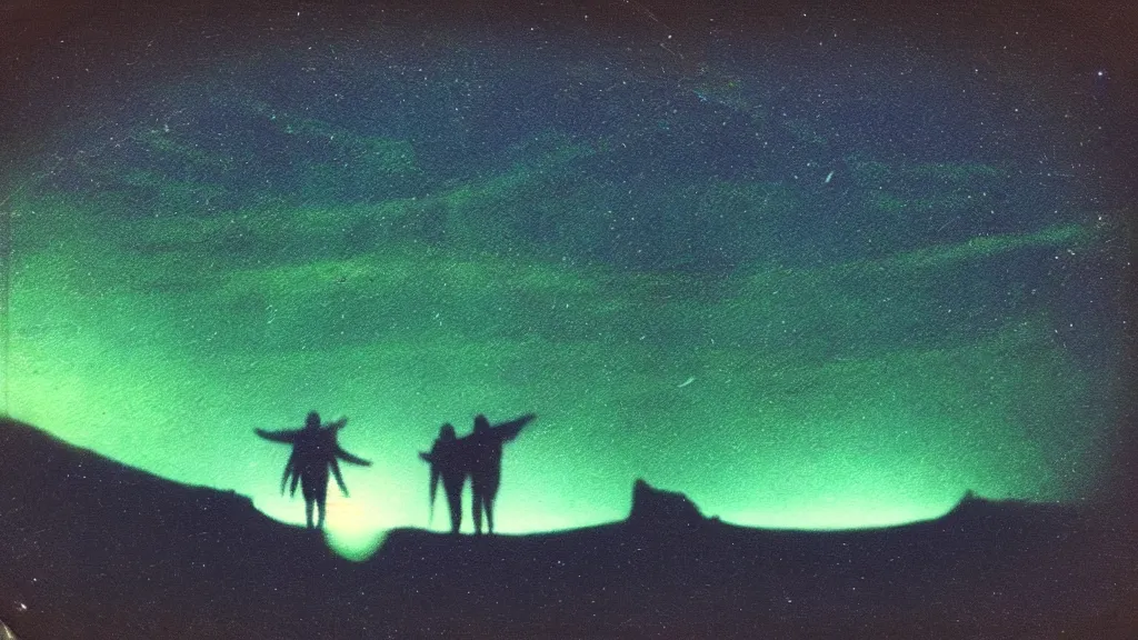 Image similar to night time cosmic polaroid of a nocturnal brocken spectre in the sky, sky filled with stars, above the mystical green hill, occult, immanence, awe sublime, with some silhouettes of hikers in the distance