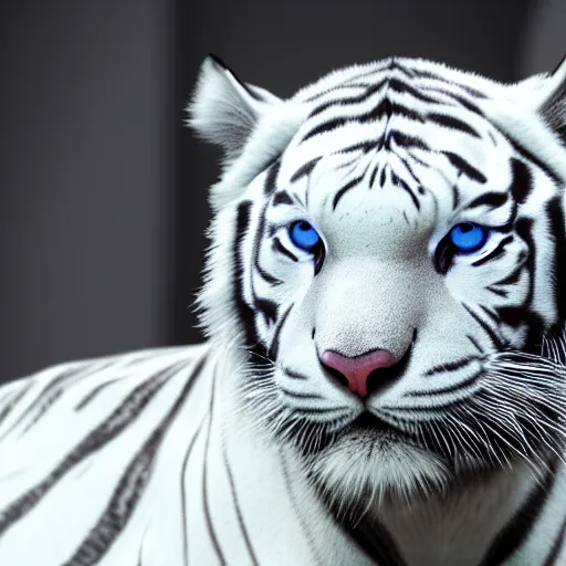 Image similar to realistic close up photo of a white tiger | blue eyes | colorful blue eyes | cinematic photo | cinematic shot | epic | 8k resolution | realistic | hyperrealistic