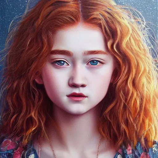 Image similar to portrait of a hybrid of julia garner and sadie sink, photo realistic, highly detailed, perfect face, art by artgerm