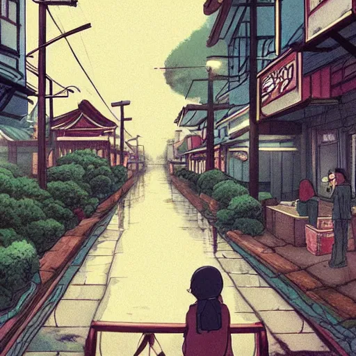 Image similar to pho, rainy day, anime, japan, ghibli, 9 0 s, retro style, aesthetic, chill, room