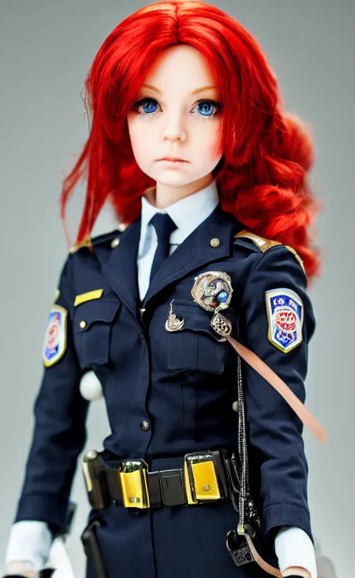 Image similar to dollfie in police uniform, red hair, blue eyes,