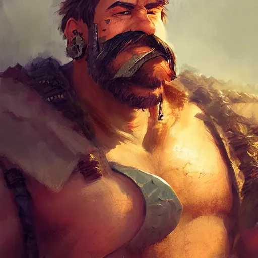 Image similar to portrait old barbarian warrior with trucker mustache and short hair, 8 k, trending on art station, by tooth wu and greg rutkowski
